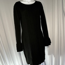 BCX Dress Womens Black Solid Knit Sweater Dress Size L Long Bell Sleeve Ruffle