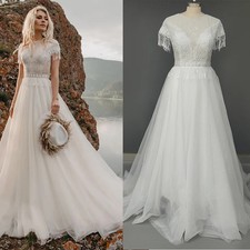 Boho A-Line Wedding Dresses Boat Neck Short Sleeves Lace Tassels Bridal Gowns