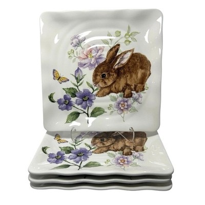 Maxcera Easter Bunny Rabbit Salad Plates 9'' Spring Floral Ceramic Set of 4 New