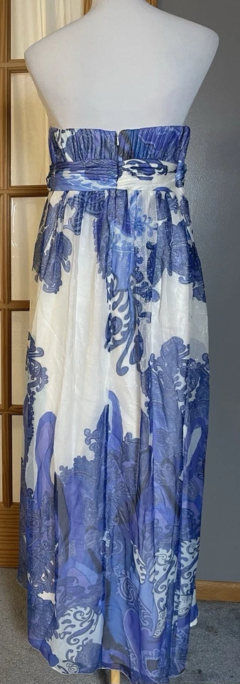 Silk Blend Pleated Midi Dress Sz 12 Strapless High Waist Blue Wedding Boho Beach - Изображение 3 из 4