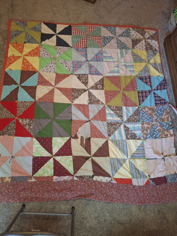 Vintage Handmade Pinwheel Quilt 77" X 82"