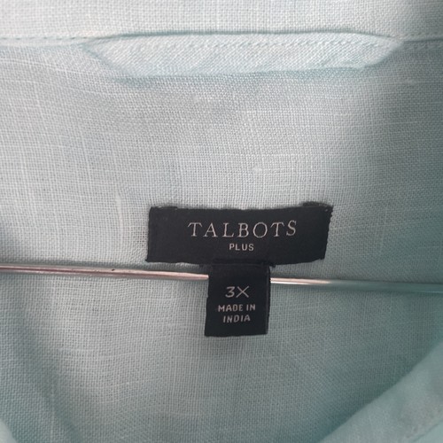 Talbots 3X Linen Blouse Green White Blue Tie Dye Top Collar Rolled Tab Lagenlook - Picture 2 of 9