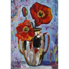 Original modern painting Poppy Bouquet Flower Impasto Oil Panel hand painted art