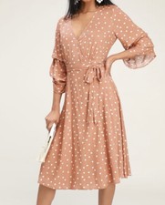LULUS Wrap Dress Womens XS Pink Midi SOCIALITE POLKA DOT  Rusty Rose White