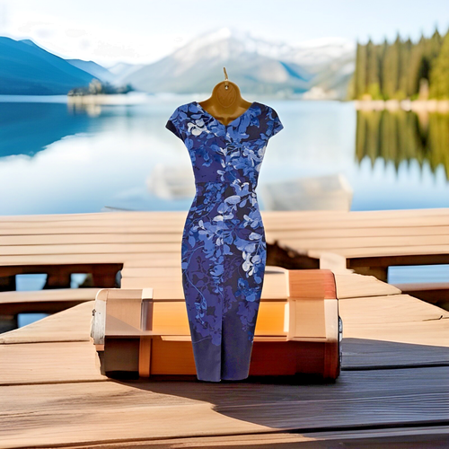 KAREN MILLEN BLUE FLORAL-PRINT PENCIL DRESS UK 14 (US 10) EUR 42 - Picture 11 of 13