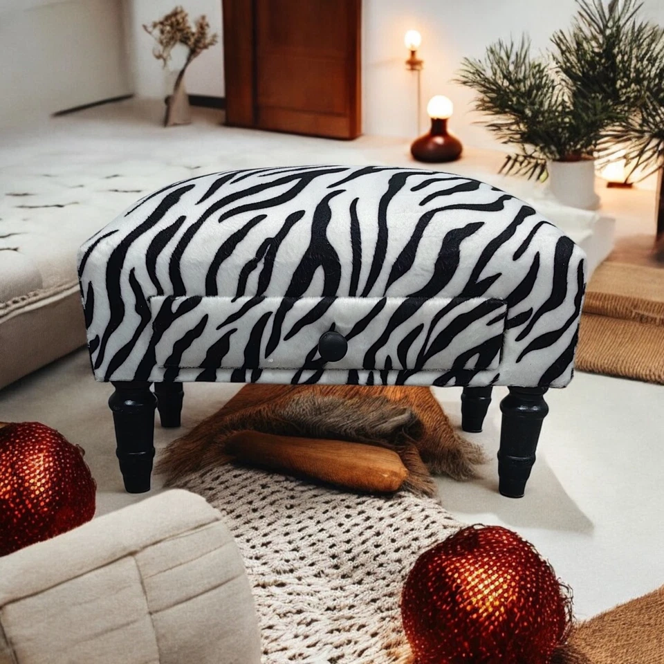 Zebra Fabric Tapestry Ottoman Footstool With Drawer Lounge Padded Footstool - Image 3 of 4