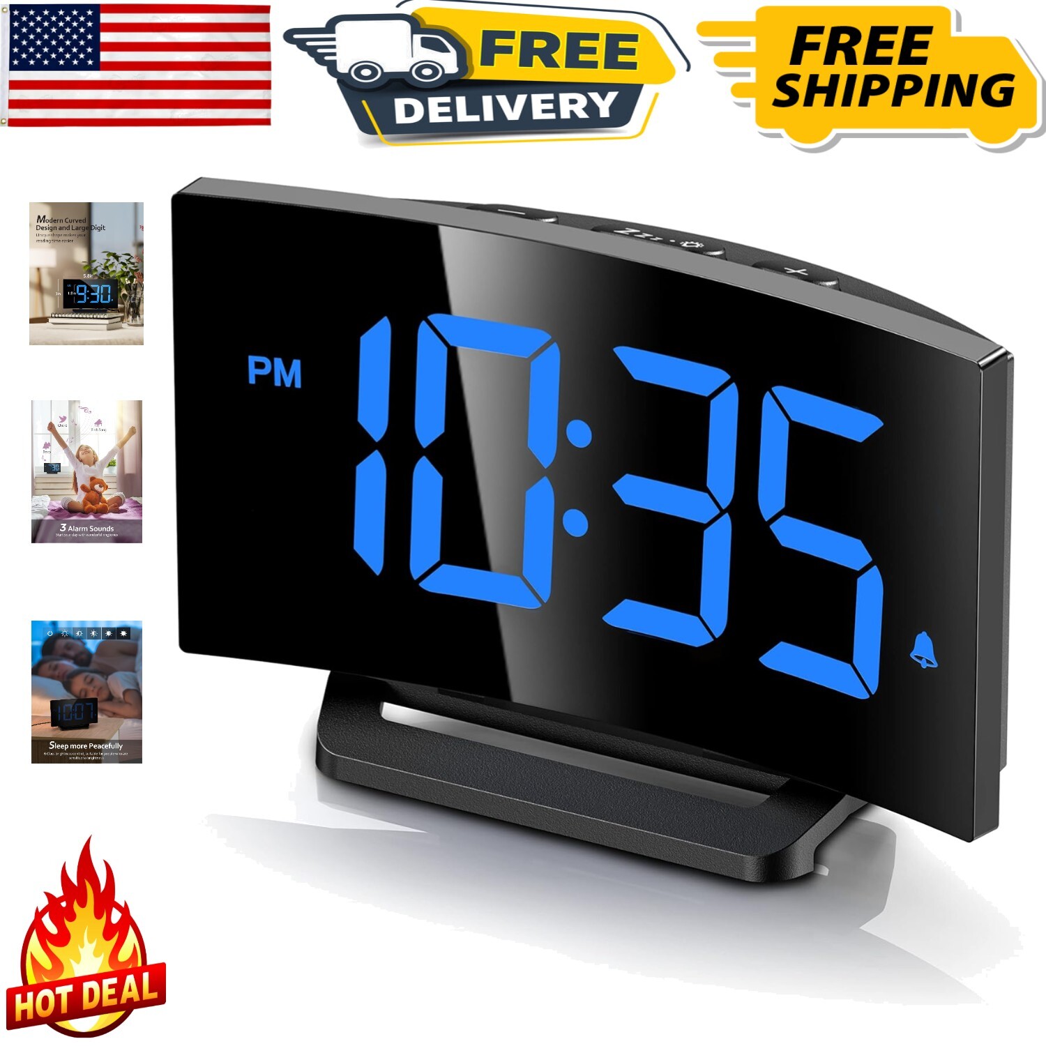 Modern Curved LED Alarm Clock: 5 Brightness Levels, Snooze & Memory Function