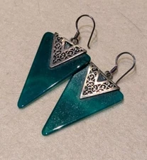 Stunning Vintage Boma 925 Sterling Silver Green Onyx Triangle 2" Dangle Earrings