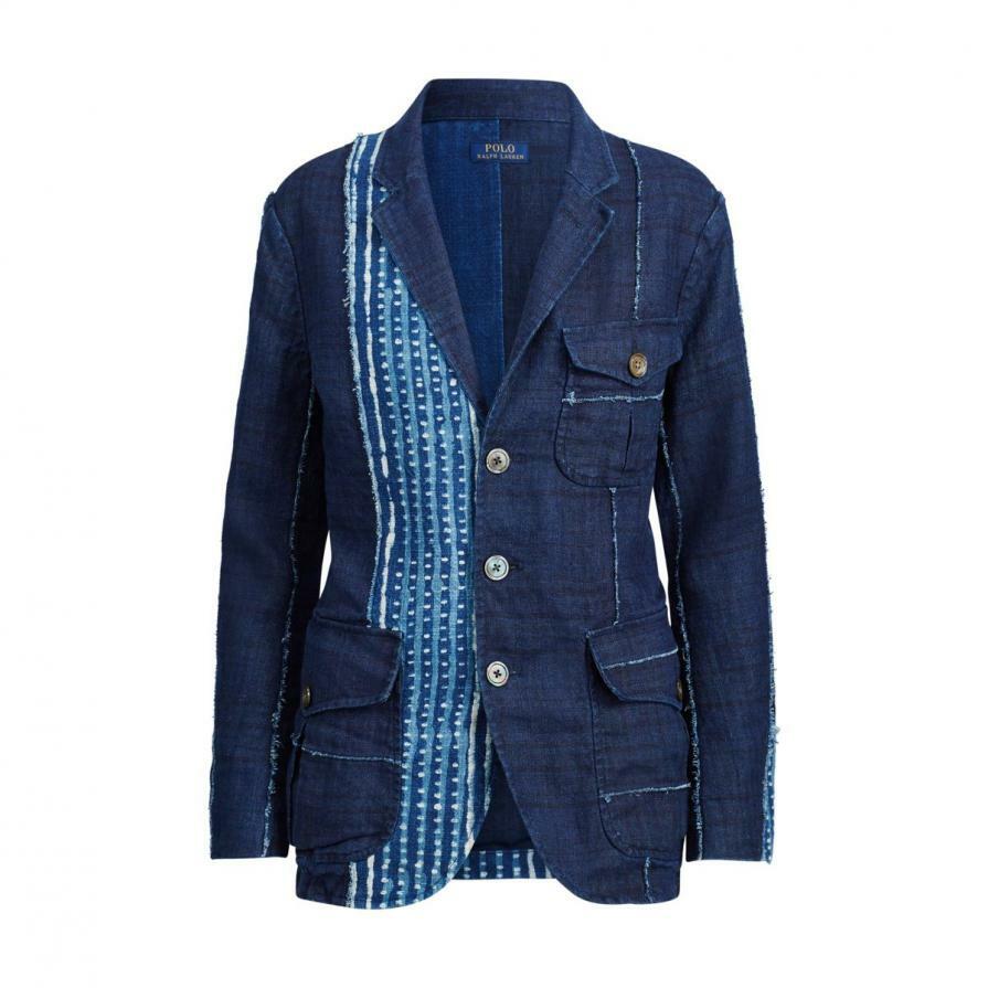Polo Ralph Lauren Indigo Lino Teñida Boho Patchwork Chaqueta Americana Nuevo