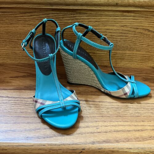 Burberry Plaid Teal Ankle Strap Wedge Sandal Size 37 - Never Worn