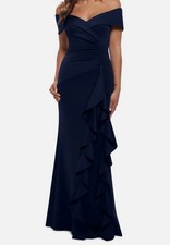 Xscape Women's Blue Solid Ruffled Off-Shoulder Gown Dress Size 4
