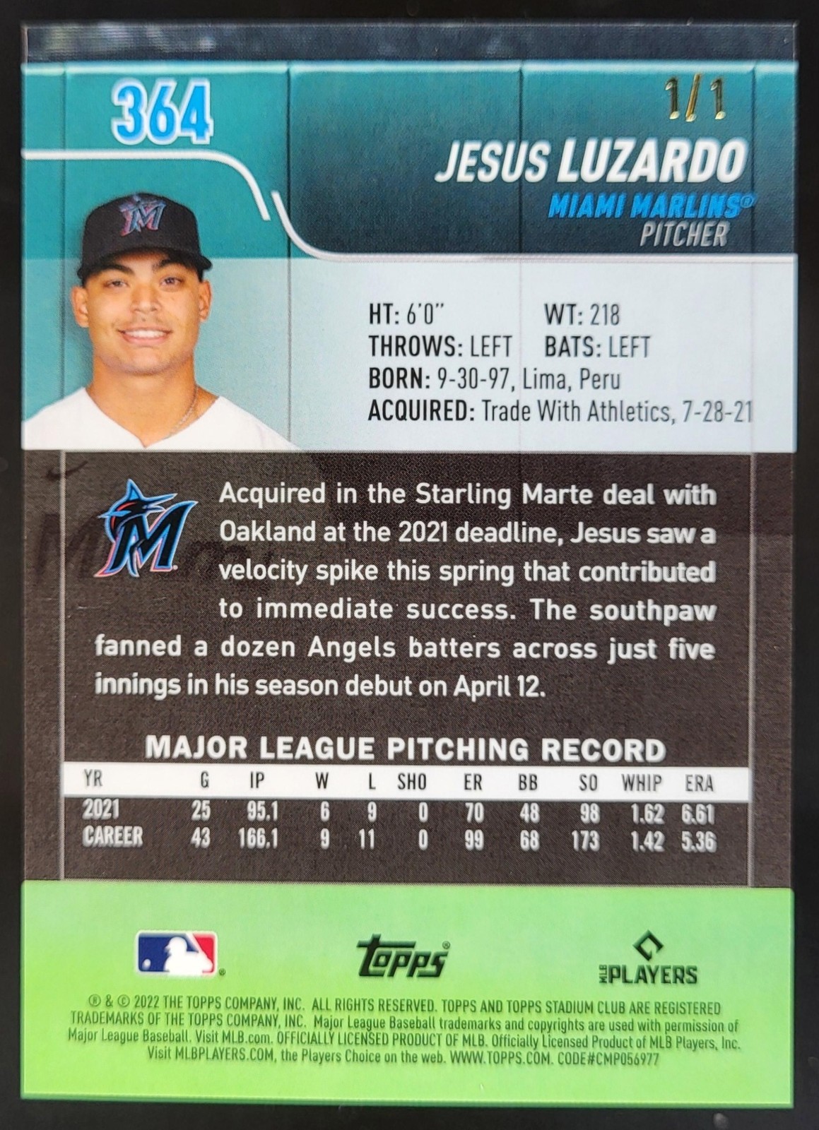 2022 Topps Stadium Club Chrome Jesus Luzardo SuperFractor 1/1 Marlins LF2 view 2