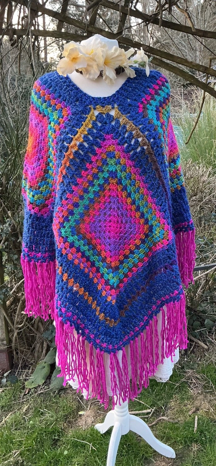 Bohemian Lagenlook Rainbow Hippie Crochet Poncho Festival Size 12-18