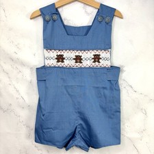 Vintage 1950s Baby Romper Shortall Smocked Embroirded Teddy Bear Toddler 12M 50s