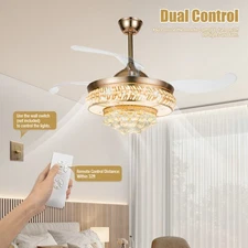 42" Crystal Chandelier LED Invisible Ceiling Fan Light with Remote Retractable