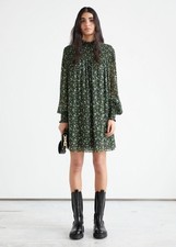 Reformation Brandi Green Floral Long Sleeve Smocked Mock Neck Mini Dress Size S