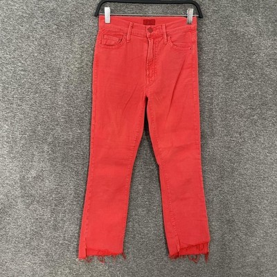 Mother The Insider Crop Step Fray Mid Rise Jeans Womens 24 Red Crop Fringe Denim