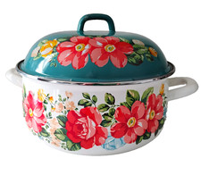 Vtg Pioneer Woman Floral 4 Quart Dutch Oven Stock Pot with Lid Turquoise & White
