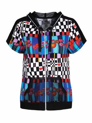 Simply Art Dolcezza Women's m Short Sleeve Zip Up Abstract Art Netted Hood Top