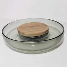 Vintage MCM Green Glass And Wood Appetizer Serving Or Chip And Dip Bowl RARE