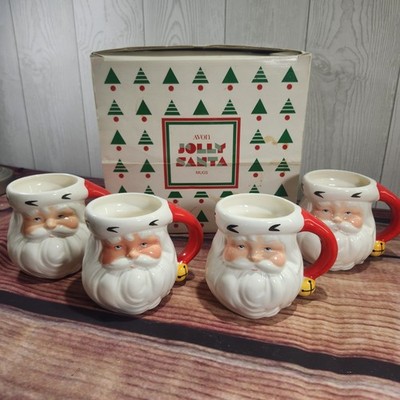 Vintage Jolly Santa Mugs Set Of 4 W/Box Ceramic Avon 1986