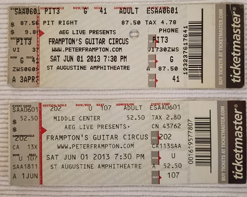 TWO PETER FRAMPTON Concert Ticket Stubs. June 1, 2013 St. Augustine Amphitheatre