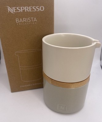 NEW Nespresso Barista Stackable Lidded Sugar Creamer Serving Set Wood & Ceramic