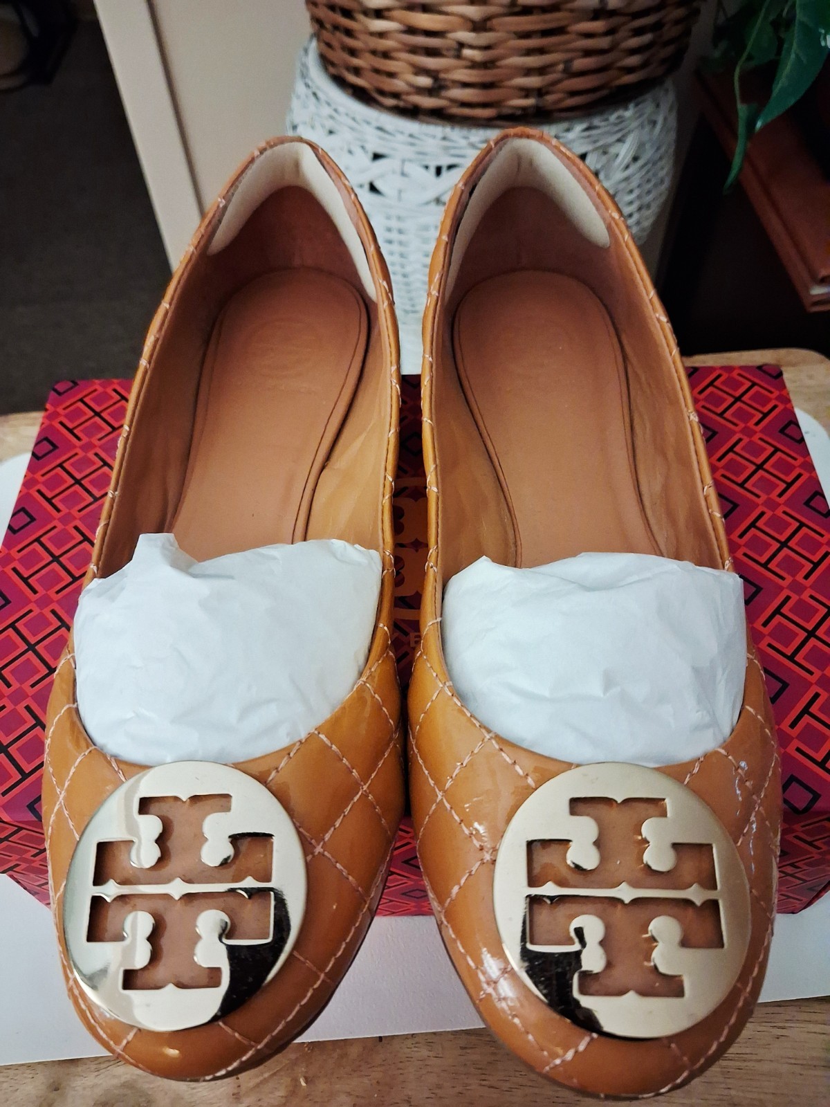 Tory Burch Melon Quilted Leather Logo Ballet Flats Round Toe Slip On Size 11M