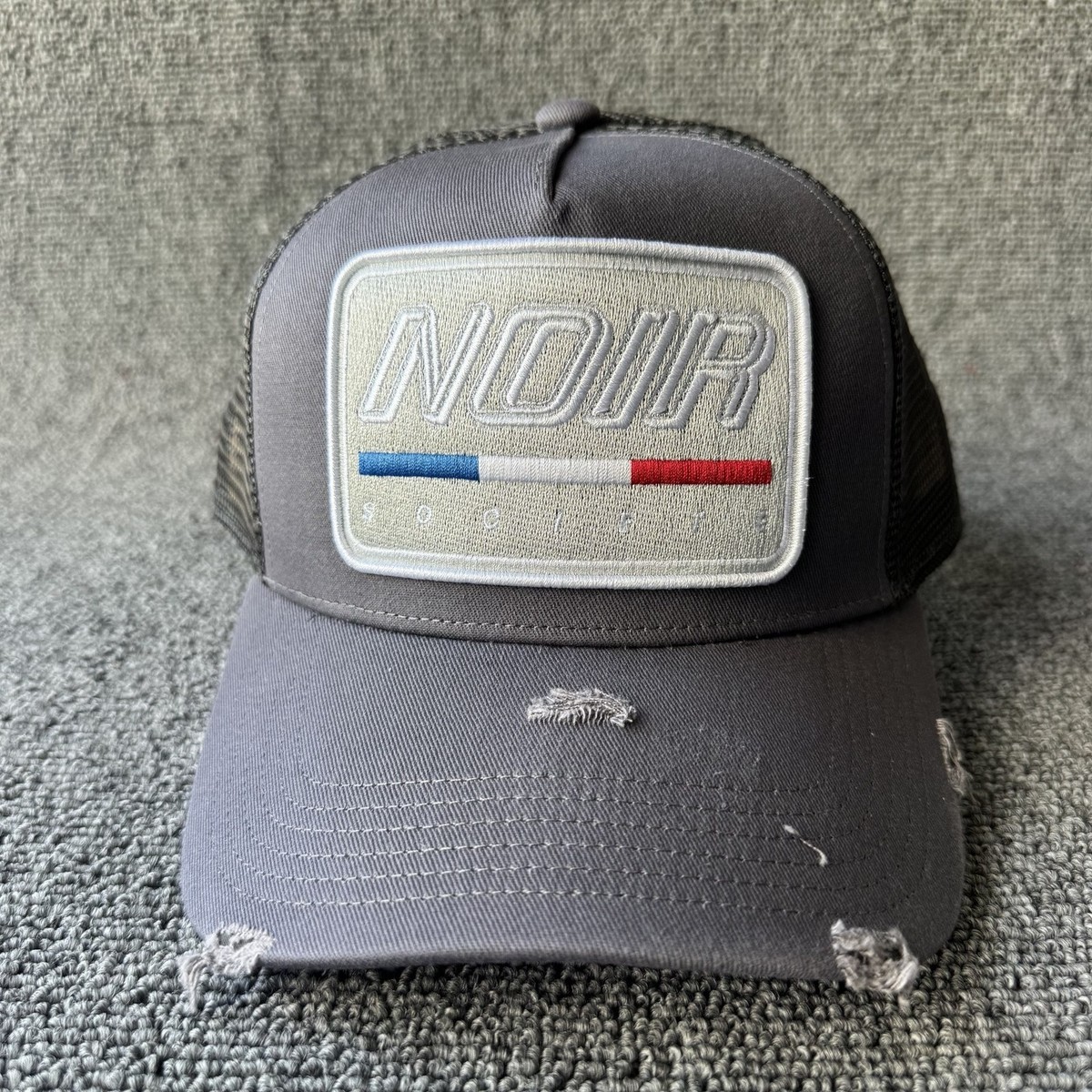 Noir Society Trucker Snapback Hat Gray Black Mesh Back Distressed Cap