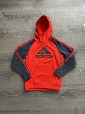 EUC Adidas Boys Pullover Fleece Hoodie Orange Gray Colorblock Logo M 10/12