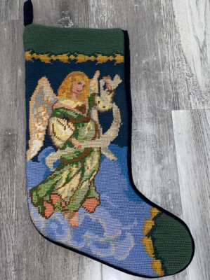 Wool Handmade Needlepoint Christmas Angel Velour Back 17  Xmas Stocking