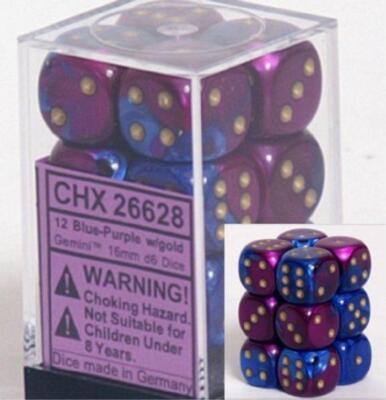 Chessex Dice d6 Sets Gemini Blue & Purple / Gold 16mm Six Sided Die 12 CHX 26628