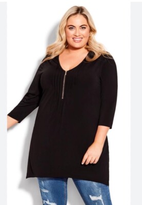 Avenue Women's Front Gold Zip Black 3/4 Sleeve Tunic Blouse Stretchy Size 14/16
