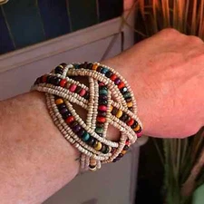 Multi Color Glass Bead & Wooden Beaded Cuff Bracelet