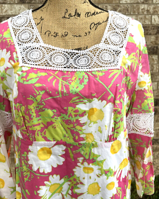 Lilly Pulitzer Pink White Green Floral Print Dress with Lace/Crochet Trim  Size L | eBay