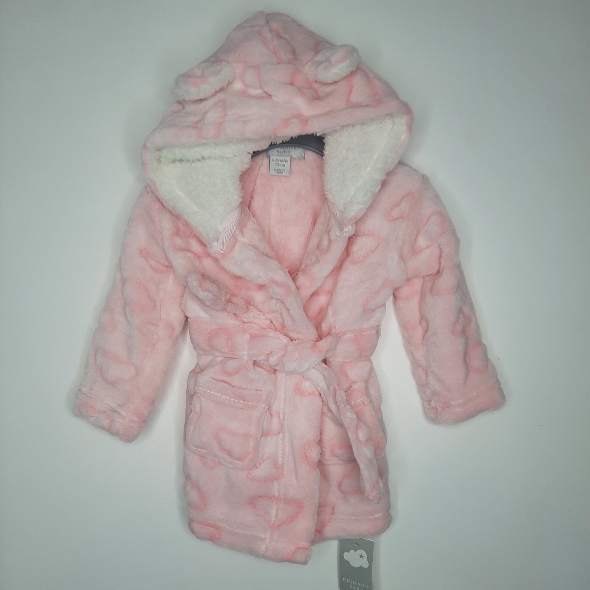 Primark Baby Girls Pink Fleece Hooded Dressing Gown 6-9 Months