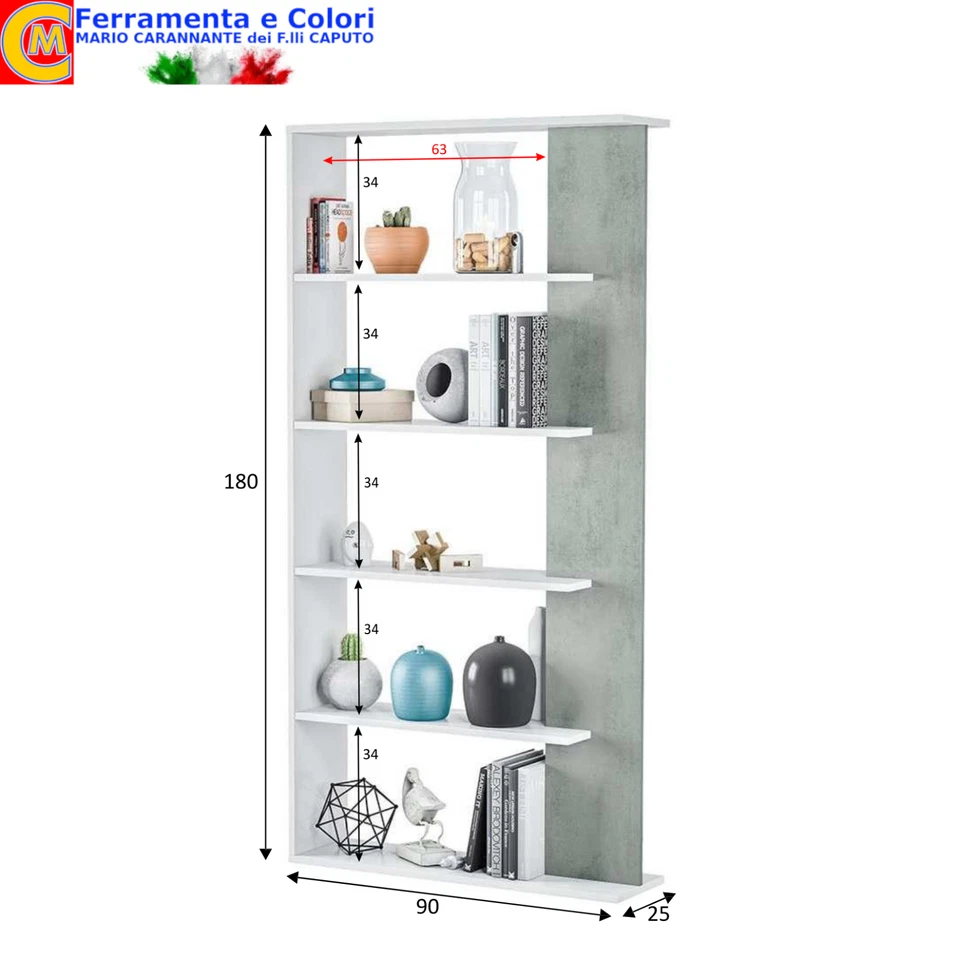 Libreria Moderna a Parete Soggiorno Bianco Cemento Con 5 Ripiani Scaffale Cucina - Immagine 3 di 4