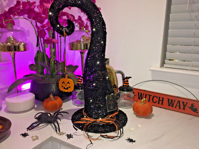 Halloween Lights4fun schwarz Glitzer Riesen Hexen Hut LED Deko 60 cm hoch
