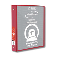 Binder 1 Inch 3-Ring View w/2-Pockets, Clear View , Round Rings - Red