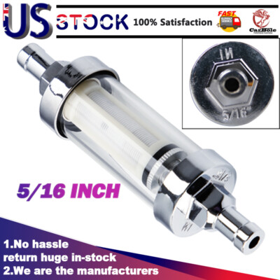 5/16'' 9747 Universal Chrome Glass Clearview Fuel Filter Petrol Inline Reusable