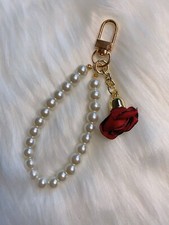 Red rose flower bag charm keychain fob faux Pearl Strap Christmas birthday gift