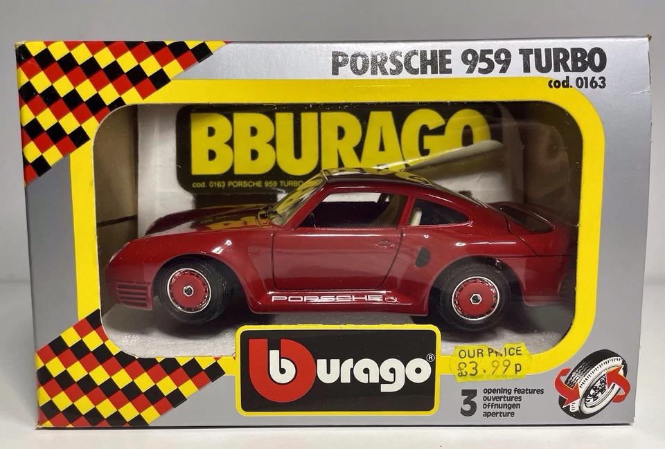Coche modelo fundido a presión Bburago 0163 Porsche 959 1:24 en rojo - en caja excelente estado Foto 2 de 4