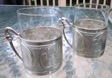 2- Tea Holders w glasses  Key Sites Jewish  Theme "Wailing Wall" - 1960s Israel