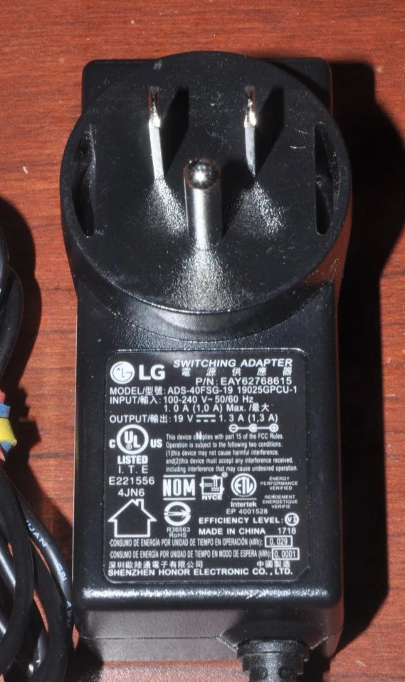 Genuine LG Monitor AC Power Adapter ADS-40FSG-19 19025GPCU-1 - 19V 1.3A 25W - Image 2 of 3