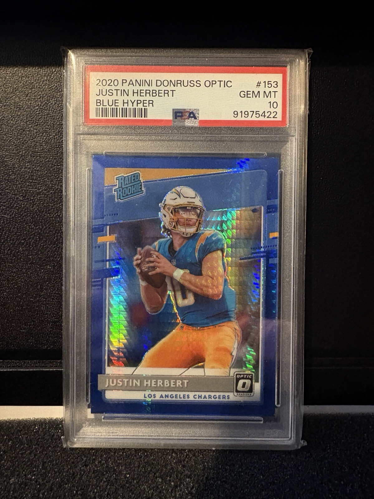 2020 Panini Optic Justin Herbert Blue Hyper Rated Rookie PSA 10 #153