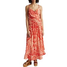 Farm Rio Maxi Dress Size XS Jaipur Red Crossed Over Linen Blend Floral Paisley