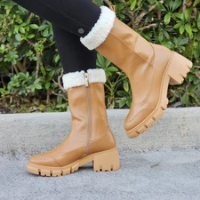 Women's Sherpa Faux Fur Ankle Boot Tan Color