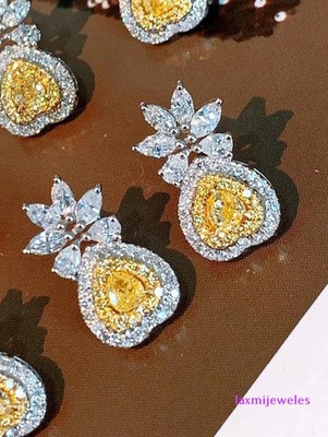 3Ct Pear Yellow Lab-Created Diamond Earrings Marquise Flower 14K White Gold Over