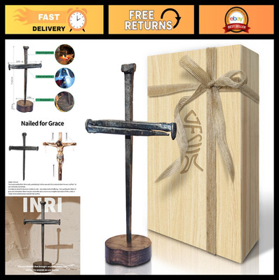 Crucifixion Nail Metal Cross with Wooden Base - Religious Gifts for Mom & Dad, C