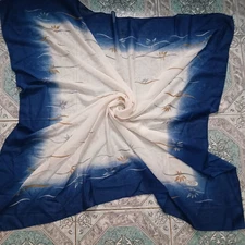 Vintage Blue White Ombre Scarf Wave Floral Print Lightweight Head Wrap 44''